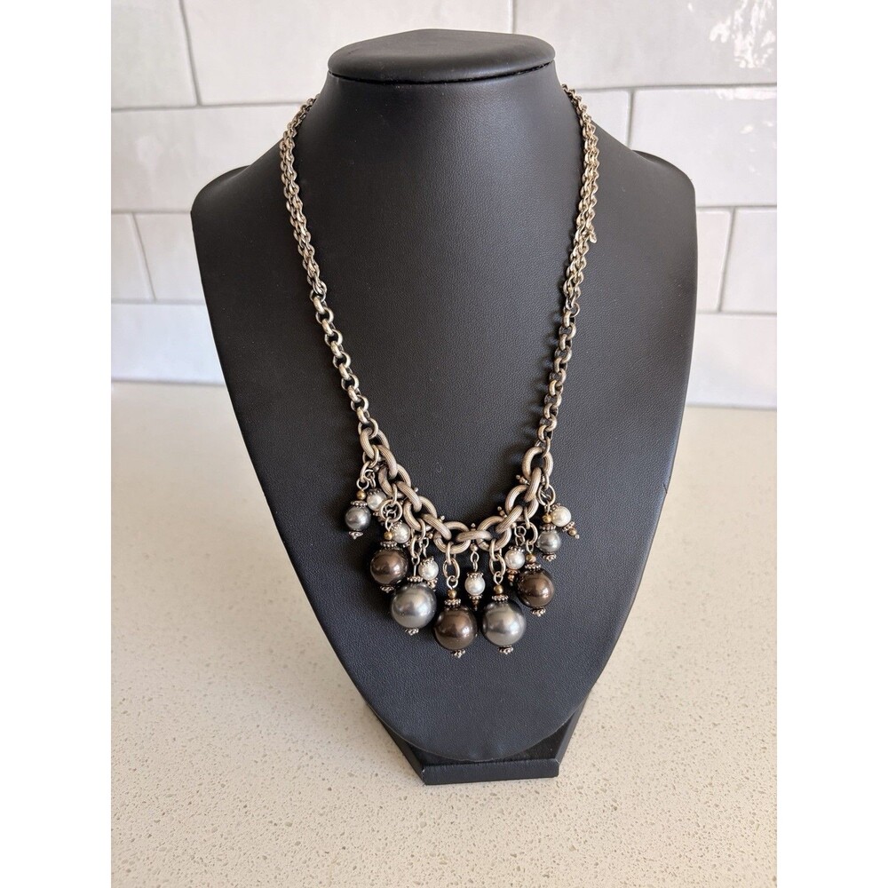 Brighton Statement Necklace Silver Tone Gunmetal Beaded Pearl Drop Boho 18” 20”